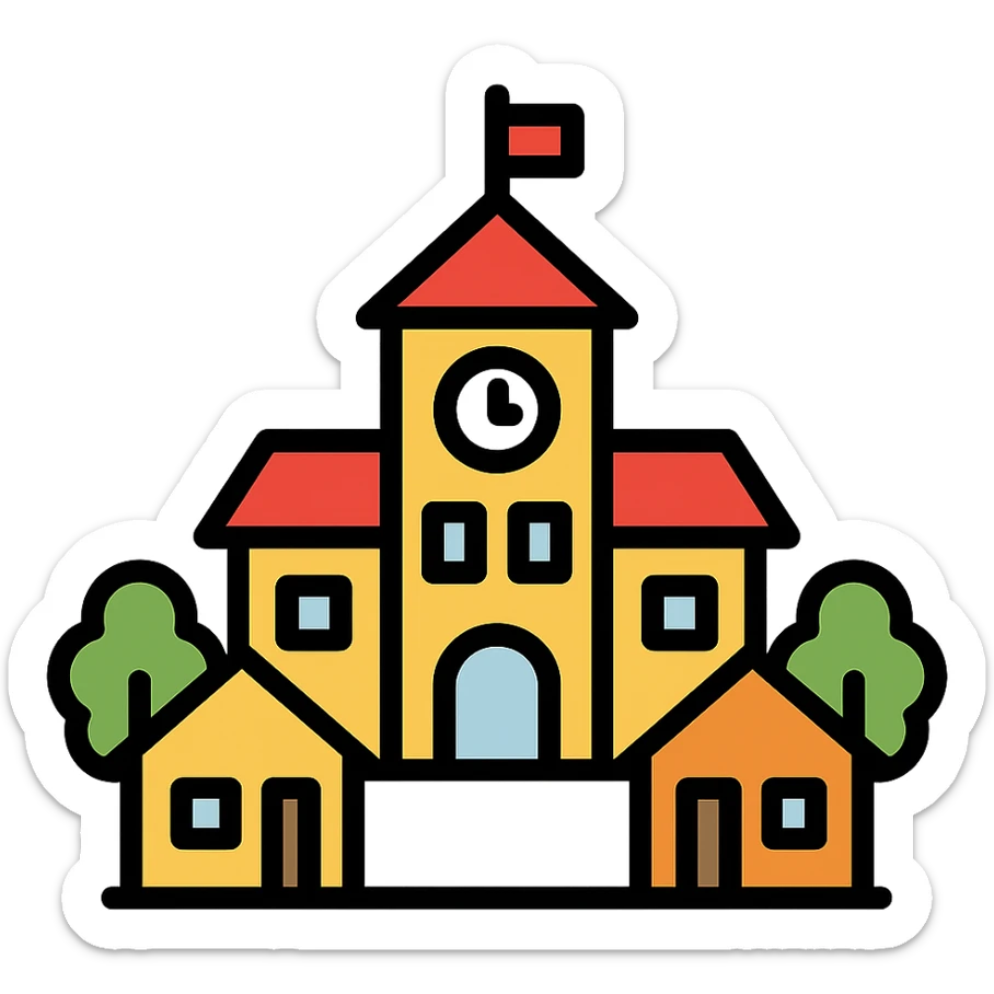 color outline icon of a municipality with city hall, houses, and trees sticker