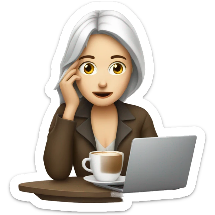 tired french girl with laptop drinking a lot of coffee sticker