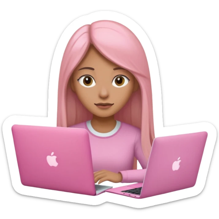 Mujer lacia peli larga y peli larga  en una MacBook rosa investigando y haciendo tareas con un libro de apuntes y con cara muy linda como modelo sticker