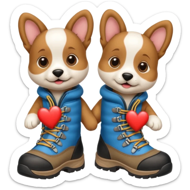 2 puppies hiking with hiking boots on all 4 paws and a heart  sticker