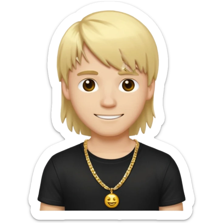 make a iphone emoji who is a white man that looks young with long blonde hair with bangs, with a black punk shirt and a golden neckless sticker