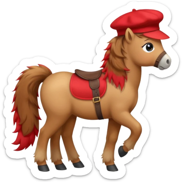 A cute pony (horse) emoji, full body, standing in side view, wearing a stylish red beret. sticker