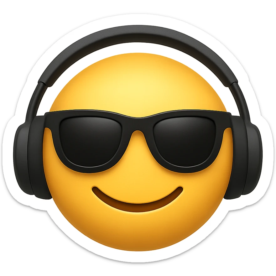 face with sunglasses and headphones emoji, digital illustration, no background sticker