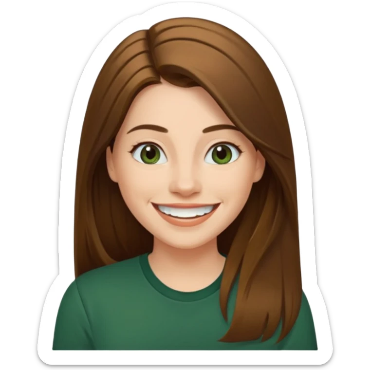 30 yr Caucasian woman long brown straight hair parted on side dark green shirt big smile white teeth sticker