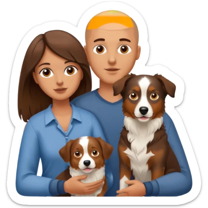 Man with shaved head holding woman with long brown hair and an Aussie dog sticker
