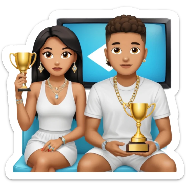 Internet celebrity Josh King Madrid jetset wearing shiny diamond earrings and sparkly iced out diamond tennis necklace chains with Instagram model girl tefi valenzuela sitting with him holding gold internet celebrity trophy on tv show in Miami sticker