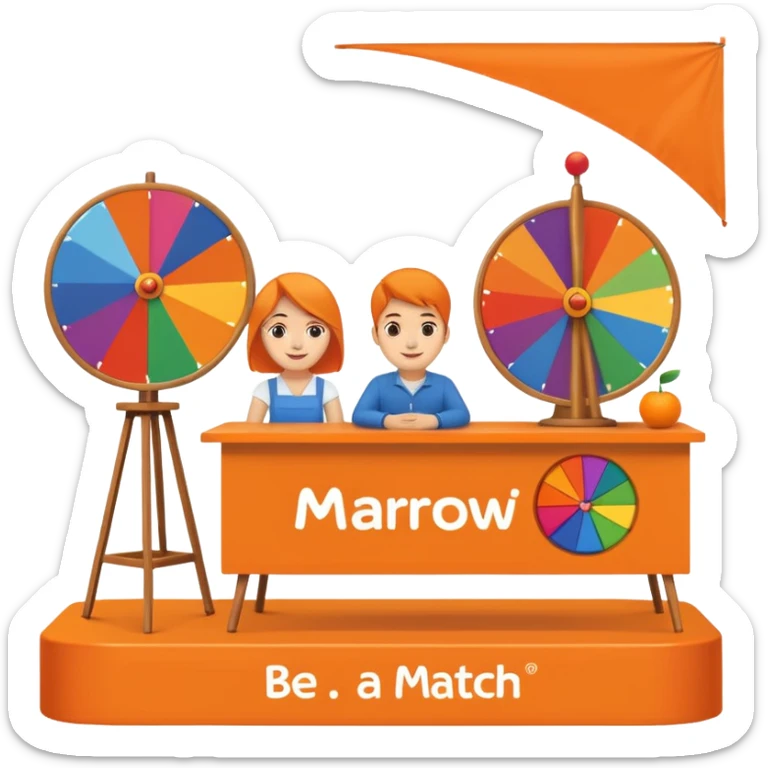 emoji of a recruitment booth. Two cartoon figures stand behind an orange table with 'MARROW, be a match' branding, a colorful spinning wheel, and a branded vertical banner. Simplified and cute. There should not be fruit in the picture.  sticker