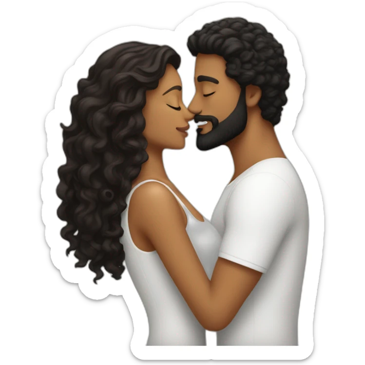 Brown man with a smooth black hair and a black beard kissing a White woman with long brown curly hair sticker
