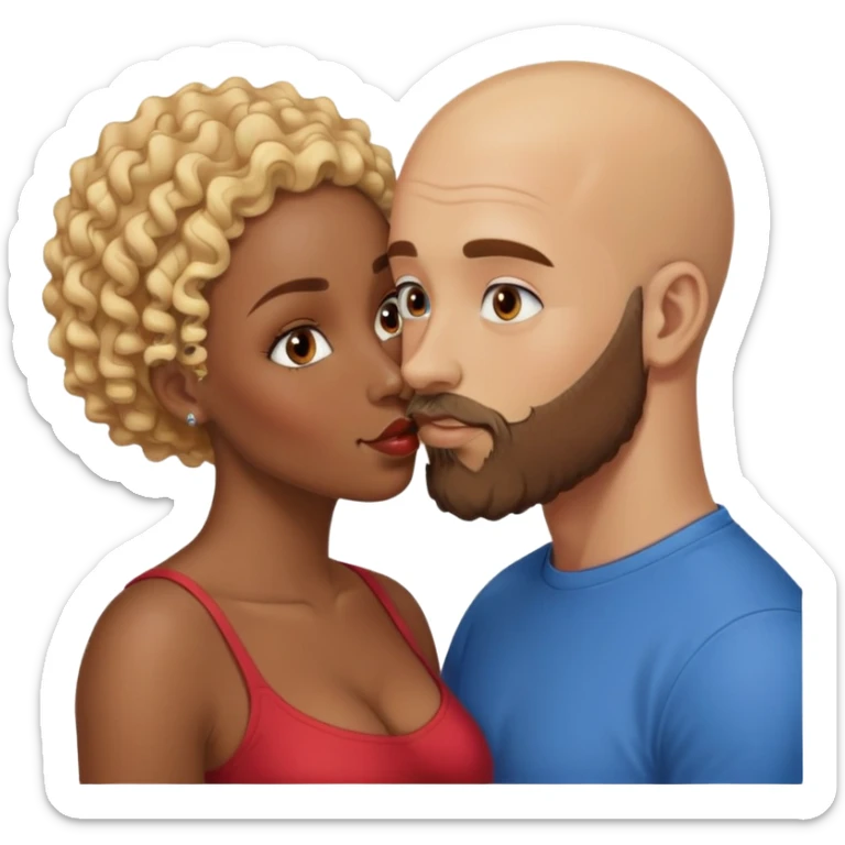 bald head man with brown eyes and beard kissing African woman with blue eyes and curly blonde hair sticker