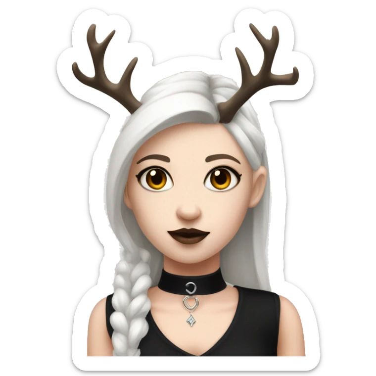 Portrait. Goth deer girl in a black sleeveless dress with a choker. White antlers with deer ears.  sticker