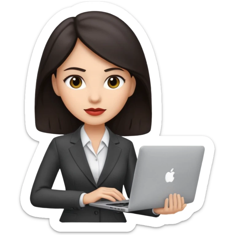 Sales women specialist in shipping with dark hair with suits and MacBook  sticker