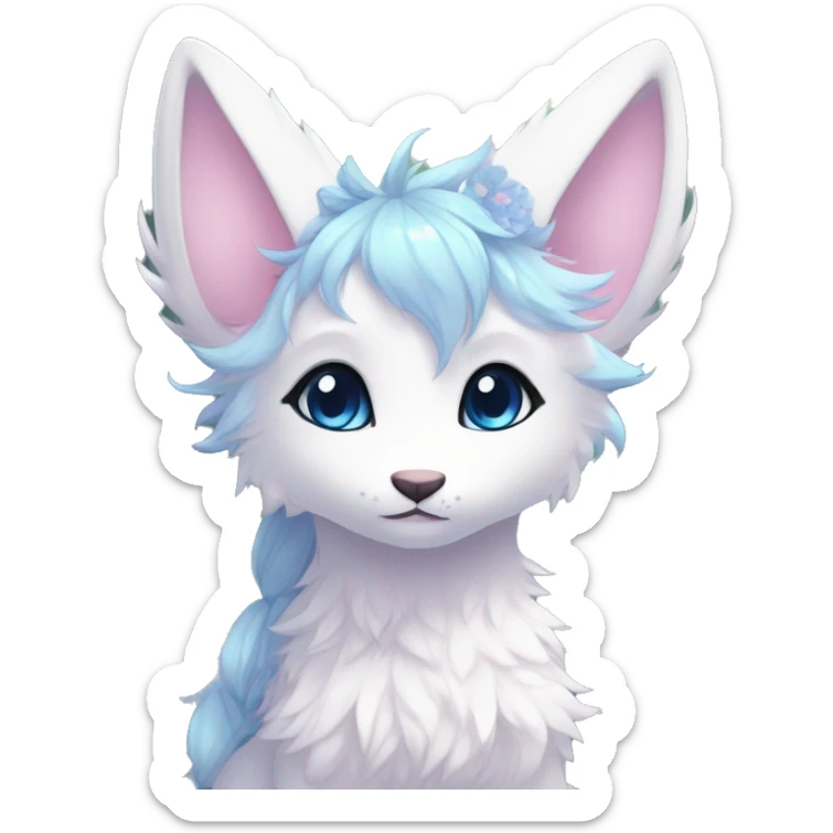 Anthro Cute Cool Blushing Pastel Innocent Shy Kawaii gorgeous sparkly ethereal fantasy anime animal creature with blue eyes furry sona with flowers and ribbons beautiful aesthetic sticker