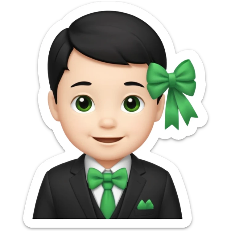 baby boy black hair in suit, with green bow, happy sticker