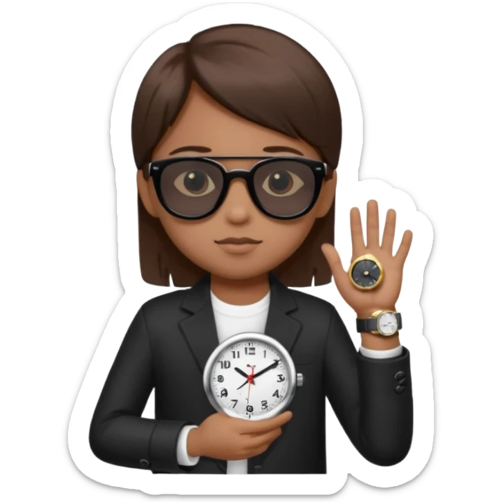Un niño con pelo lacio color castaño,con lentes de sol negros y un reloj en la mano ,pero que el lente sea más oscuro  sticker