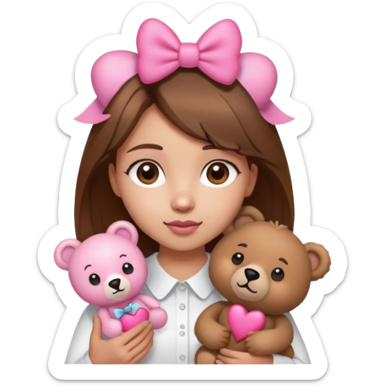 Brown hair girl with brown eyes and white shirt with pink heart holding little bear toy in the color brown with little pink bow on the head. sticker