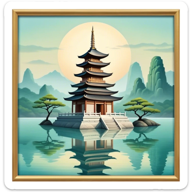 Cinematic Realistic Tran Quoc Pagoda Landmark Emoji, depicted with an ancient pagoda set on tranquil waters rendered with delicate textures and serene, reflective lighting. sticker