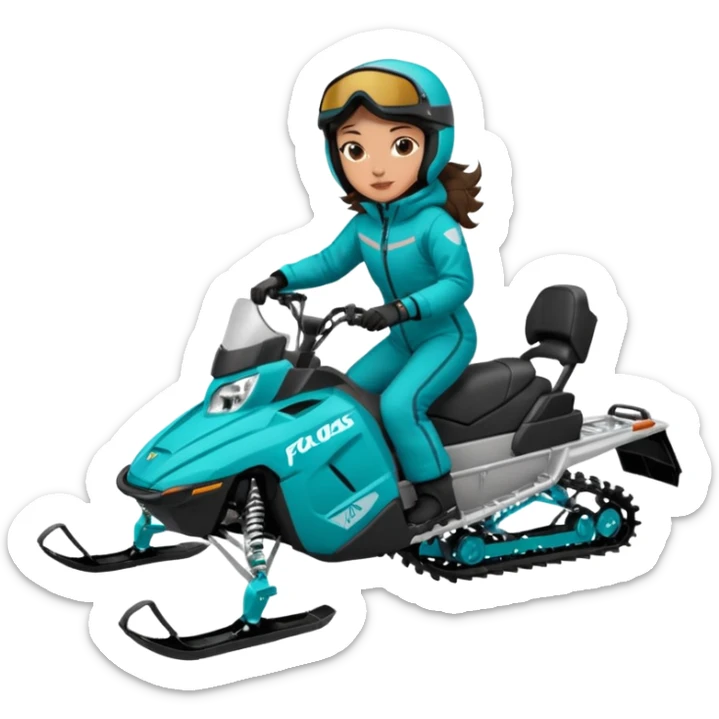 Can you create an emoji of a brunette girl on a teal polaris khaos 850 155 snowmobile about to jump sticker