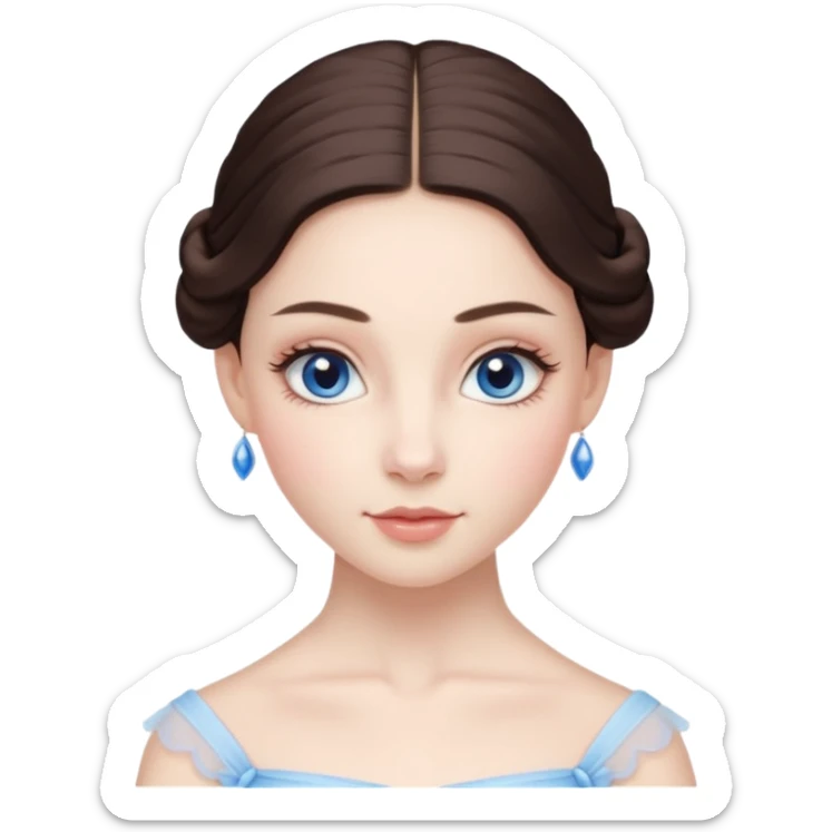 Realistic Ballerina Portrait, with porcelain-like skin featuring a natural rosy flush, illuminated by soft lighting that highlights the gentle contours of her face. Her Brunette hair flows in soft.Her deep blue eyes radiate framed by arched brows and long lashes. sticker