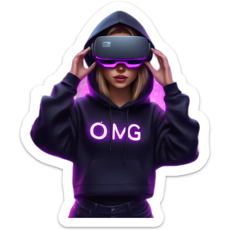 Russian girl wearing a black hoodie with "OMG" letters on it and VR headset in a cyberpunk VR environment with violet neon lighting. sticker