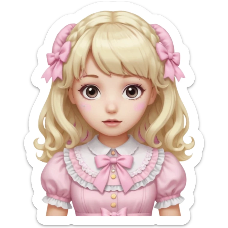pale girl , who has curly medium length blonde and baby pink swirled hair with bangs , grey eyes , and doll like makeup , in a light pink lolita hime gyaru dress  sticker