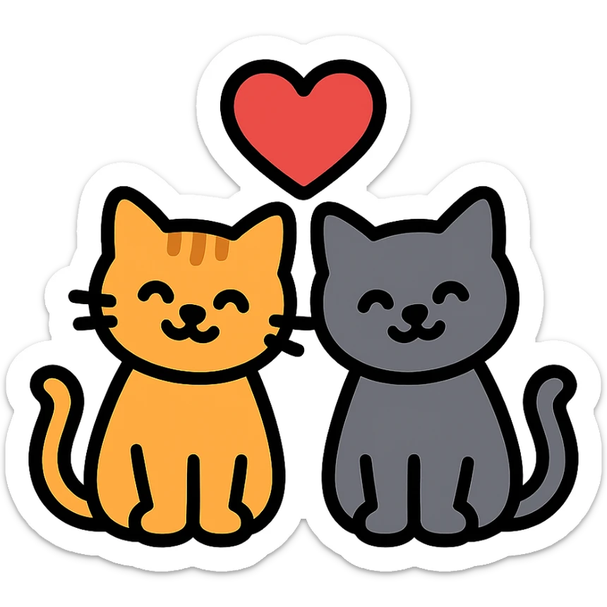 two cats in love, color outline icon style with heart sticker