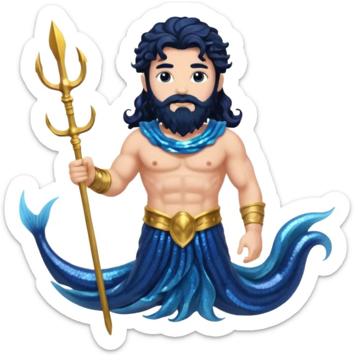 Neptune, God of Sea from Roman Deities with long jet black wavy hair and beard, dark blue sequin toga sticker