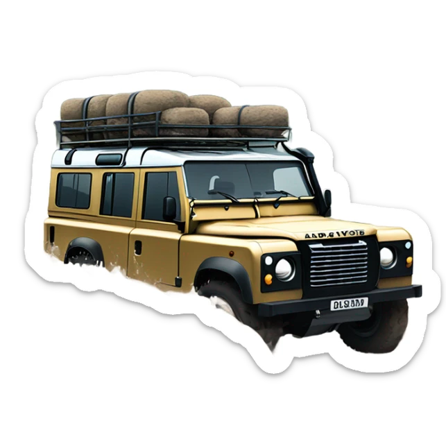 An land rover facing a road full of mud and rocks, with big tires and mud splashing around, showing resistance and adaptability. sticker