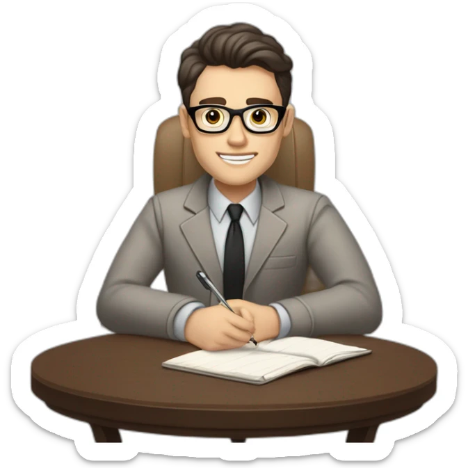 Pale skinned Fit Man With dark brown hair in gray jacket, beige office shirt and vintage glasses sitting In a soft chair with a notebook with emblem Ψ and a pen in his hands sticker