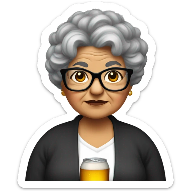 Chubby Mexican grandma with long curly black and gray  hair and glasses and a corona beer sticker