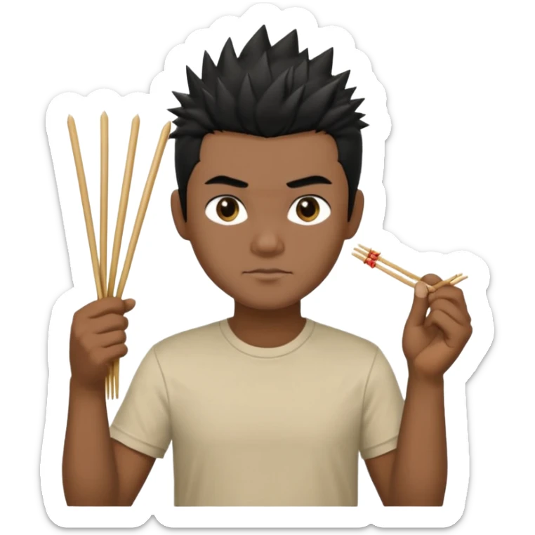 Make it a vietnamese male with spiky black hair holding only ONE pair of chopsticks in one hand, t-shirt sticker