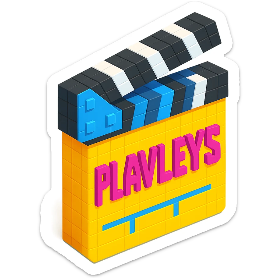 isometric view of a movie clapperboard with the text 'PLAVLEYS' written on it, voxel style sticker