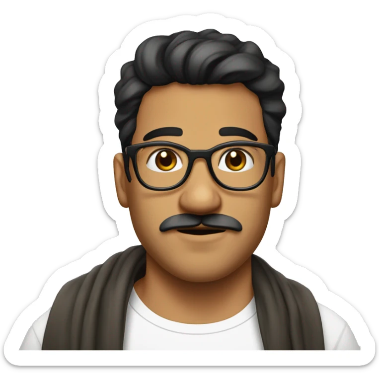 Latino man with mustaches, 25 years old, weighing 80 kilos.  with transparent glasses and a French cut haircut, gold earrings and a white T-shirt with a scarf around the neck sticker