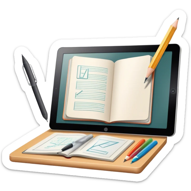 Colourfull Illustration icon, pencil, paintbrush, gel pen, graphic tablet or monitor with digital illustration, open book with sketches, minimalistic style, clean lines, transparent background. sticker