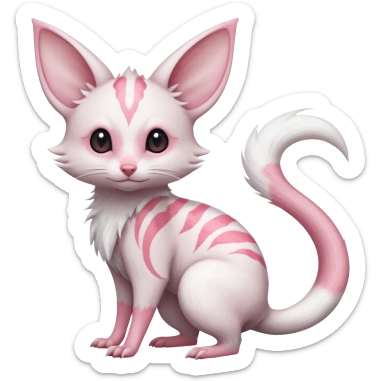Cute realistic albino Minccino-Lykoi-Emolga-Pachirisu-Zangoose-fusion-hybrid-animal-Fakémon-creature, full body, thin long sleek scaly tail, intricate markings sticker