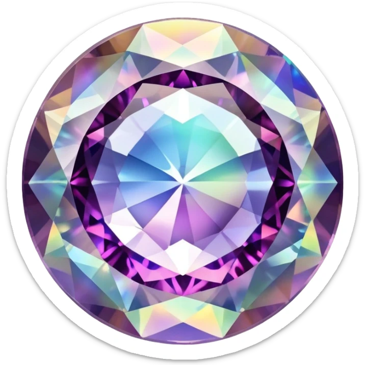 Round cut gemstone of mystic quartz with swirling holographic colors inside sticker