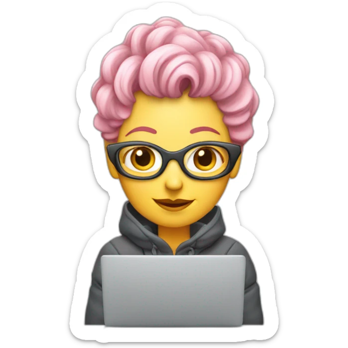 Middle aged woman with pink Hair with Grey laptop and skis sticker