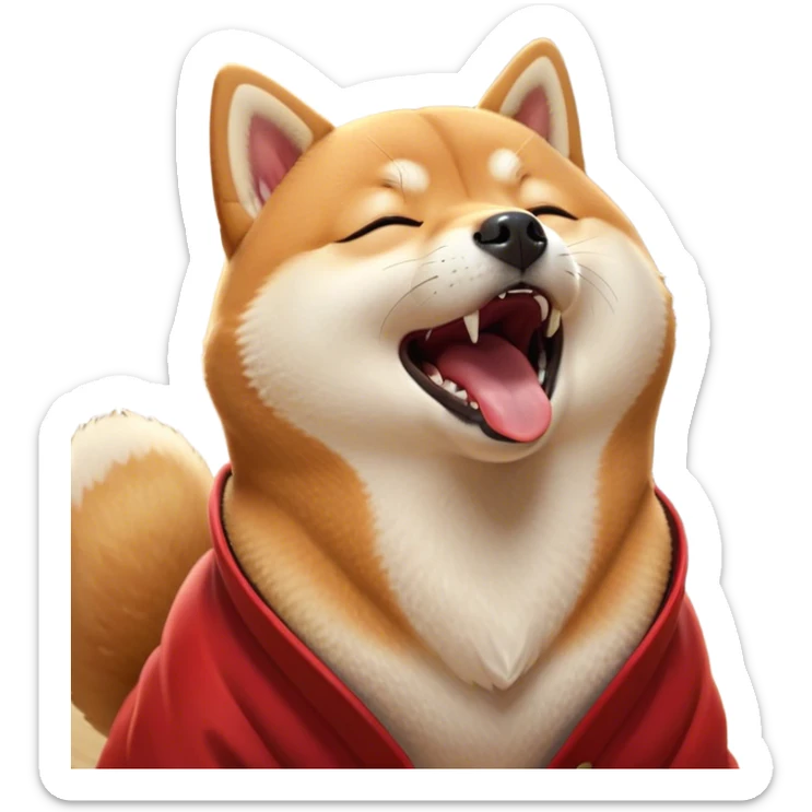 Cinematic Cute Yawning Shiba Inu Portrait Emoji, Head tilted slightly with a dramatic, wide-open yawn, showcasing a vibrant red coat with a soft creamy underbelly, floppy ears slightly drooping, round brown eyes barely open in drowsy contentment, Simplified yet irresistibly adorable features, highly detailed, glowing with a soft, cozy glow, high shine, relaxed yet expressive, stylized with a touch of whimsy, bright and endearing, soft glowing outline, capturing the essence of a sleepy yet affectionate companion, so drowsy it feels like it could stretch out of the screen and curl up for a nap! sticker