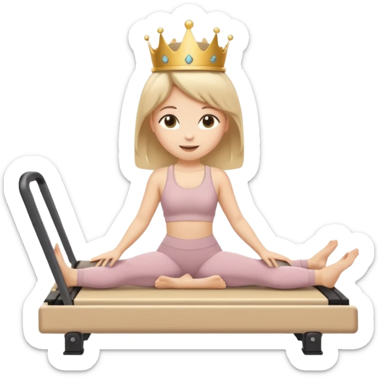 Cute sticker emoji of a “Pilates Princess” doing Pilates on a reformer machine. She is wearing beige activewear with a tiny crown. Soft kawaii style, round shapes, happy face. White outline, vector, transparent background. sticker