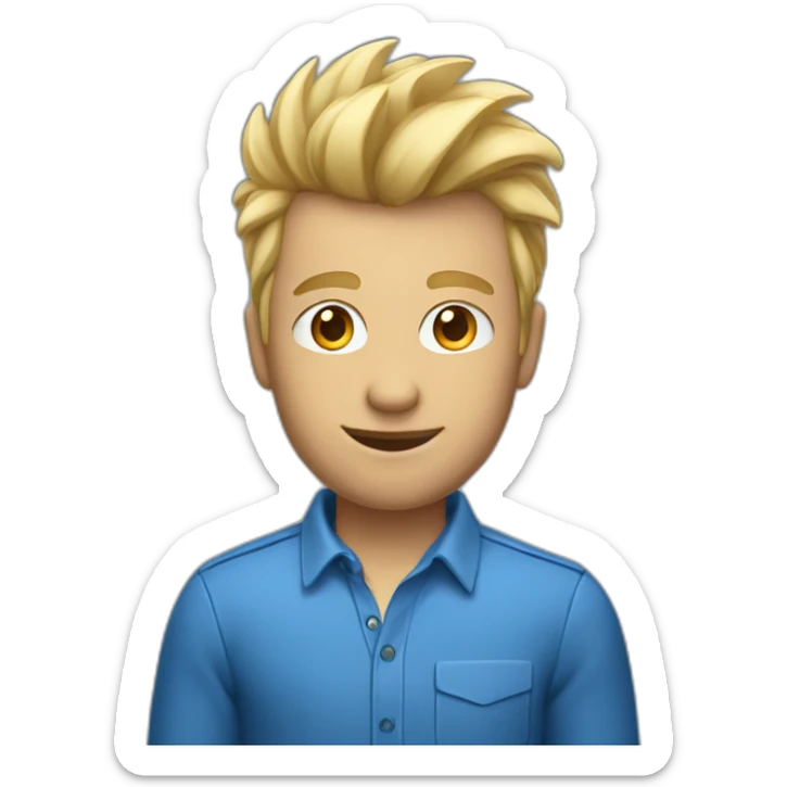 Man wearing blue Apple shirt with blonde faux hawk hair working in QA sticker