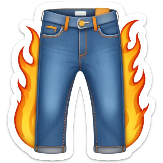 pair of blue jeans with animated flames coming out of the waistband, blending fire and jeans emoji concepts, playful emoji style sticker