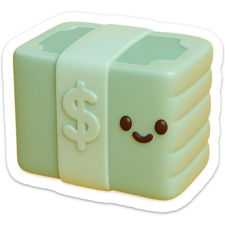 a stack of cash in the style of a hard, shiny plastic figurine, highly detailed and hyper-realistic, with smooth, rigid, glossy surfaces, toy version of money sticker