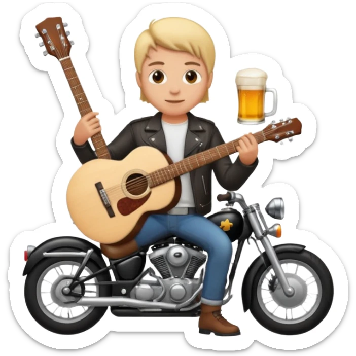 We're creating a quiz for a New Year's Eve team. The idea is that people have to guess which emoji belongs to which person from three emojis. Now it's up to you to make one whole emoji from the following  emojis.  🏍🎸🍻👦 sticker