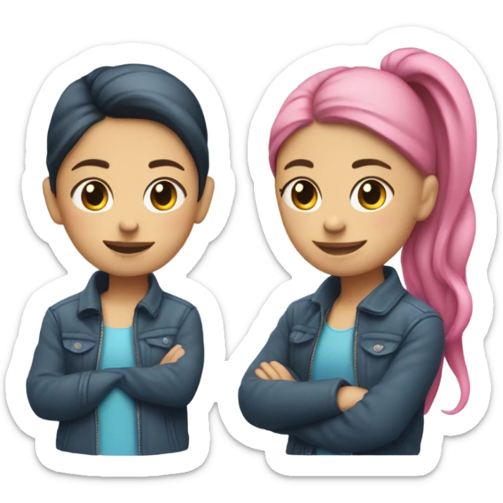 girl in jacket by car with two ponytails, one blue and the other pink sticker