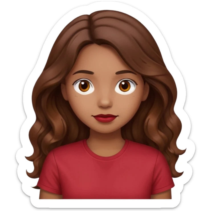 Very light brown girl with long wavy brunette hair and blush, wearing dark red tshirt sticker