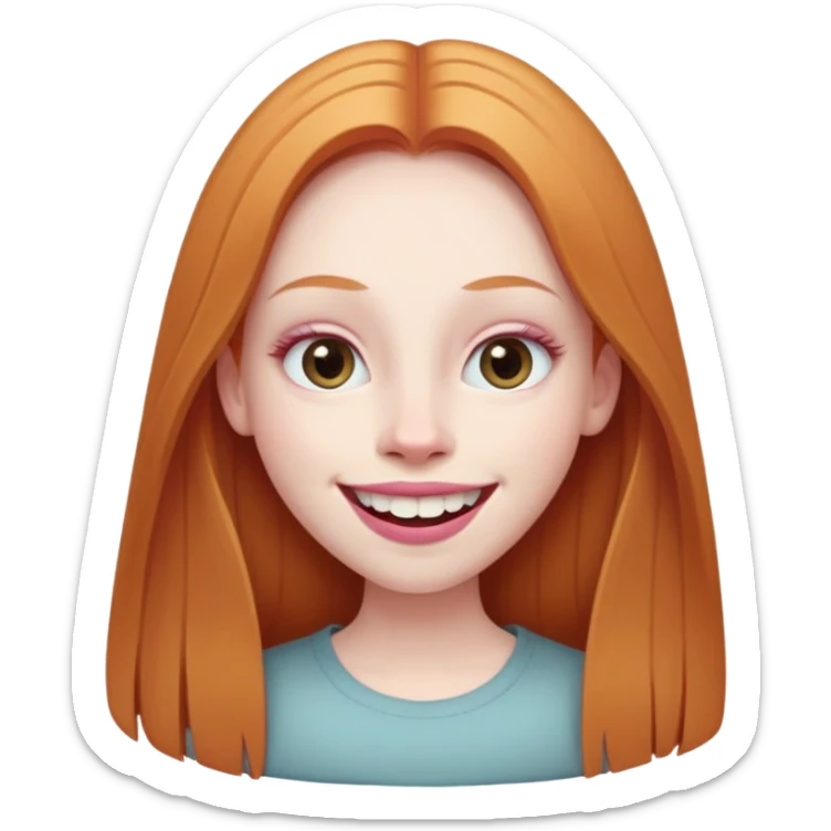 traditional emoji of young girl with very pale skin, long straight muted ginger hair, elongated oval face, bigger human-like eyes positioned close together, wide nose, full pink lips with a big smile showing extremely large and prominent teeth, less intense expression sticker