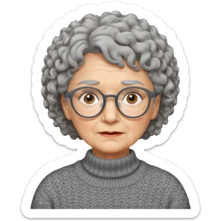 Old woman, solemn, wearing glasses and sweater, short curly hair sticker