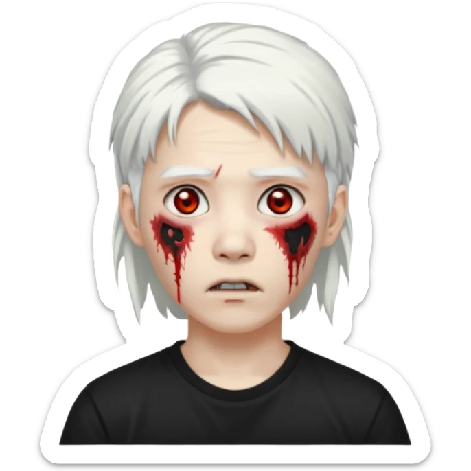 ok make a zombie avatar that has pale skin more like zombie not human, young, asian, mullet hair, white hair with hoop earrings wearing just a black T shirt white blood from the eyes, p sticker