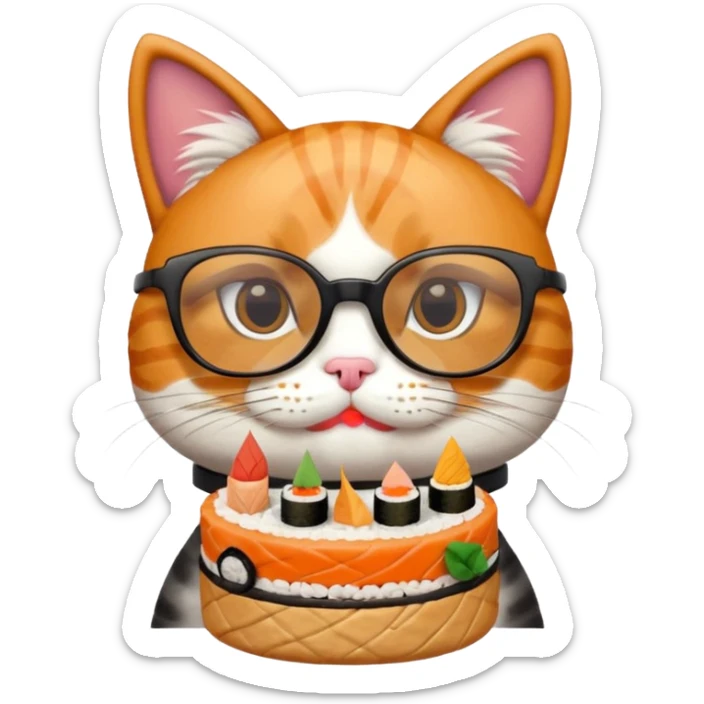 cat with cool thick square shaped glasses eating a birthday cake made out of sushi sticker