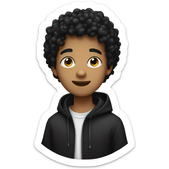 a young male with medium skin and curly black hair, wearing a black hoodie sticker