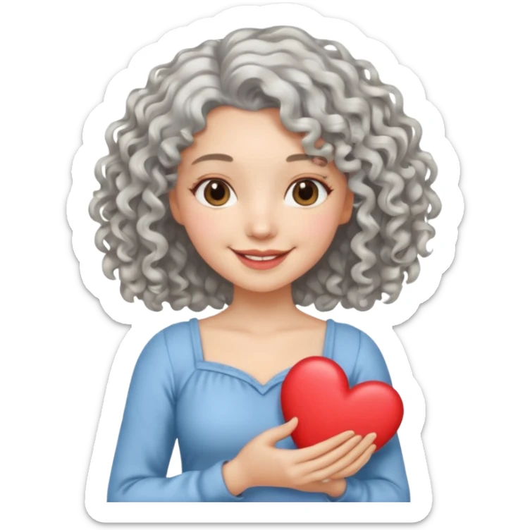 silvery curly/wavy shoulder-length hair smiling lady holding a heart thinner hair, different top sticker
